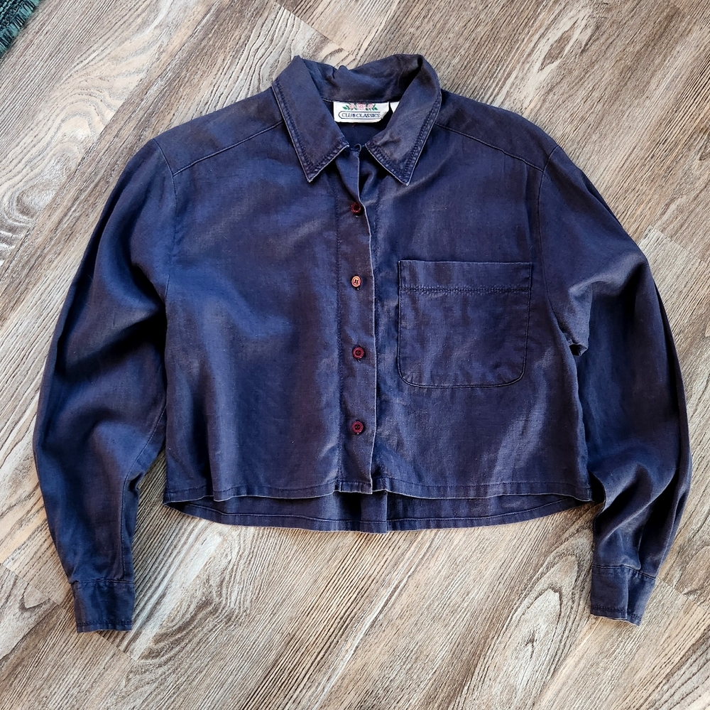 Club Classics Linen Crop Navy Blue Long Sleeve Button Up Shirt Womens 6 Vintage